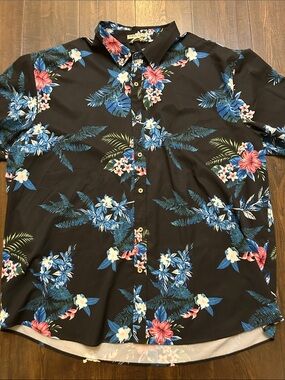Men's Black Floral Button-Up Shirt - Blue & Pink Print -HAWAIIAN SHIRT